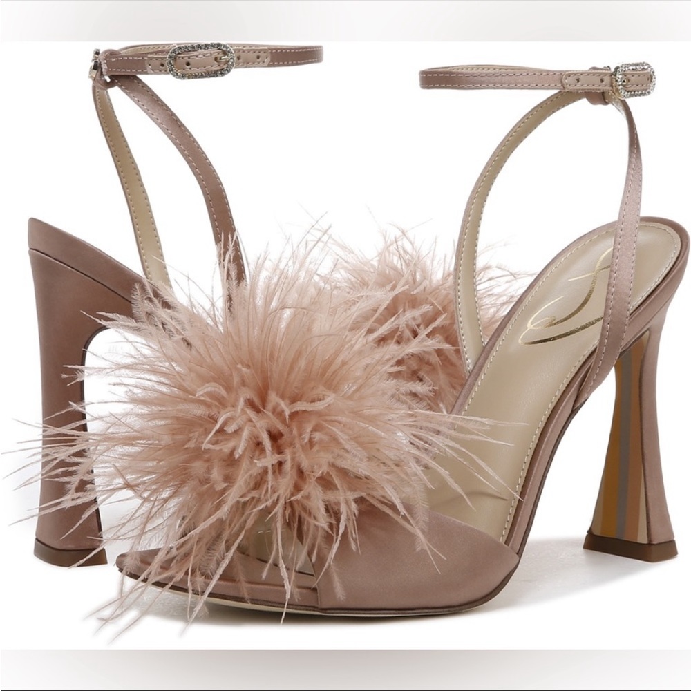 Sam Edelman Leon Heel Praline Satin Feather Pom Pom Sandal Heel Sz 8